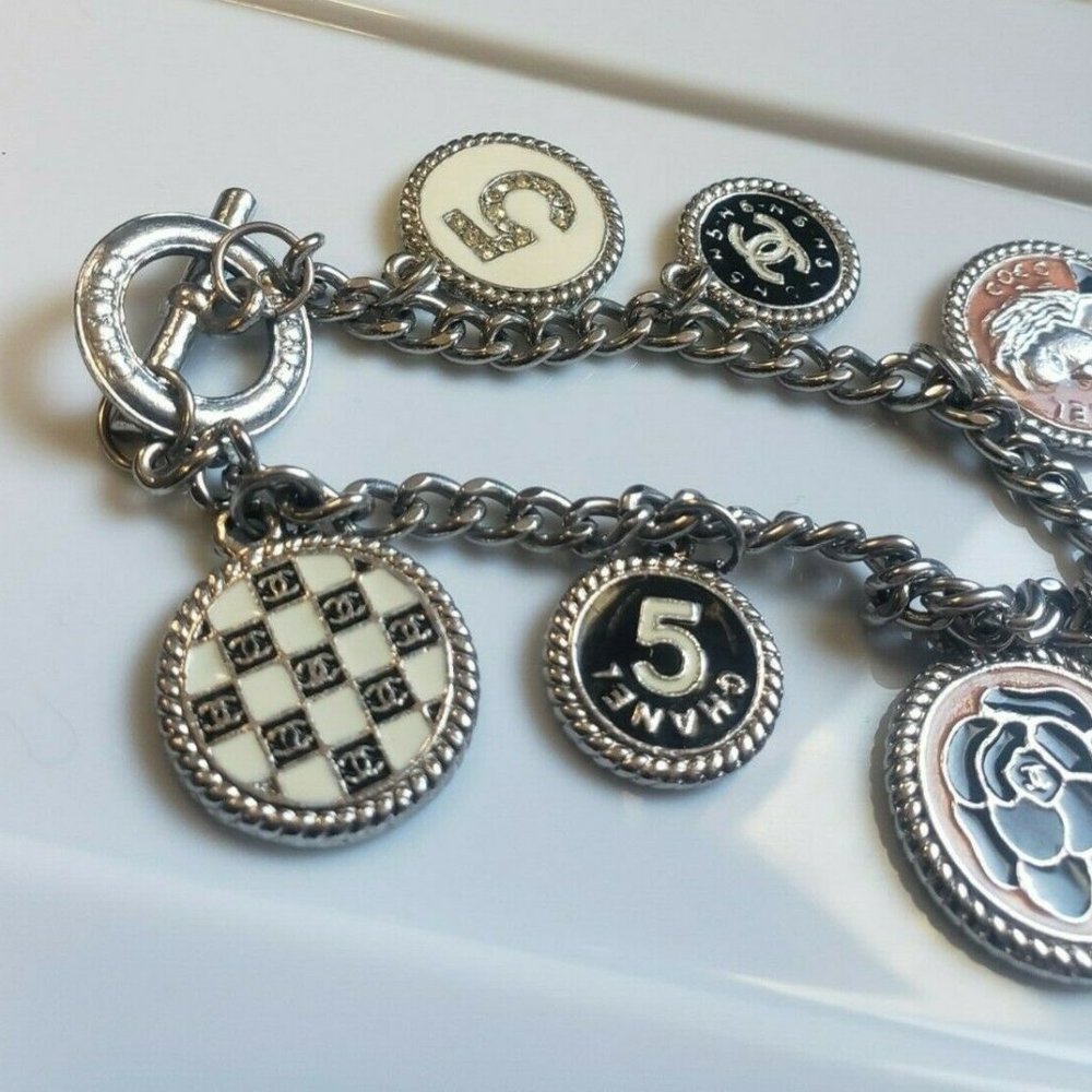 CHANEL ~ Vintage 90's Coco Chanel #5 CC Logo Rhinestone Charm Bracelet - Picture 6 of 8